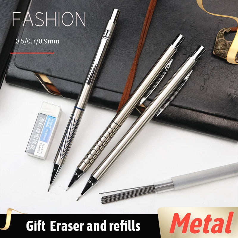 2PCS/Lot High quality metal mechanical pencil 0.5 0.7 0.9mm refills for school students