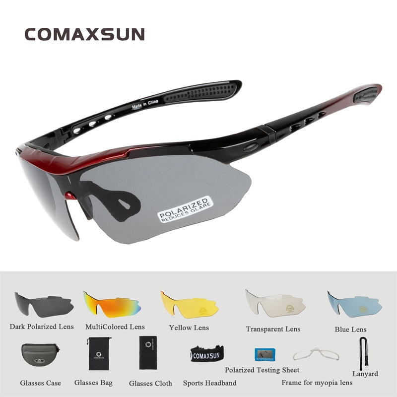 COMAXSUN Professional Polarized Cycling Sunglasses UV 400 With 5 Lens TR90 2 Style