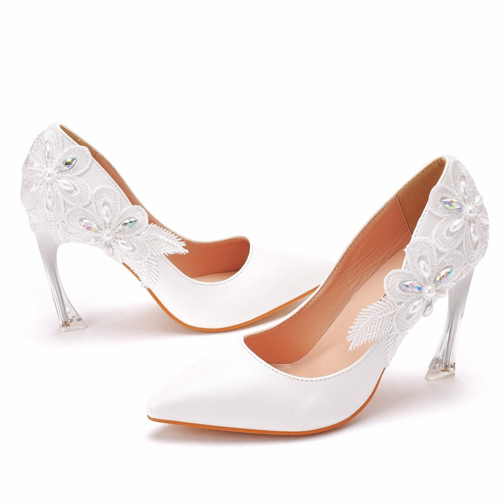 Crystal Queen White Lace Flower Pumps  Sexy 9CM High Heels