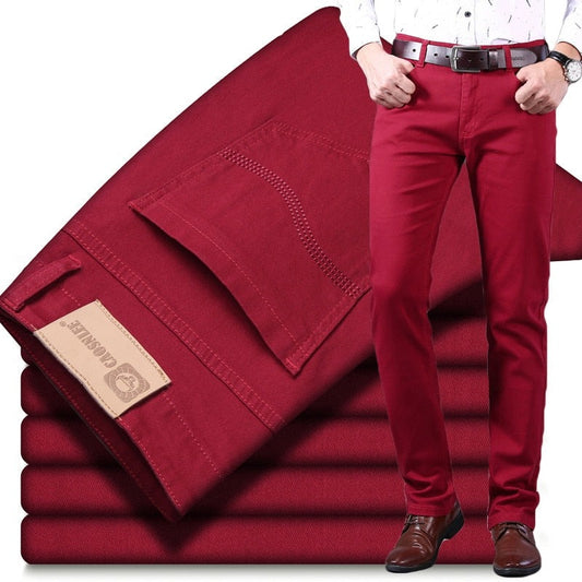 Wine Red Jeans Fashion Business Casual Straight Denim Stretch Trousers Male Brand Pants