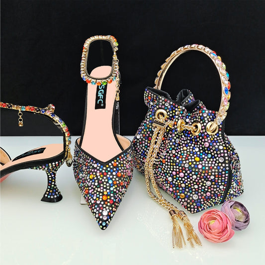 Italian Design Luxury Women's Pointed Shoes And Bag Set Full Diamond Decoration