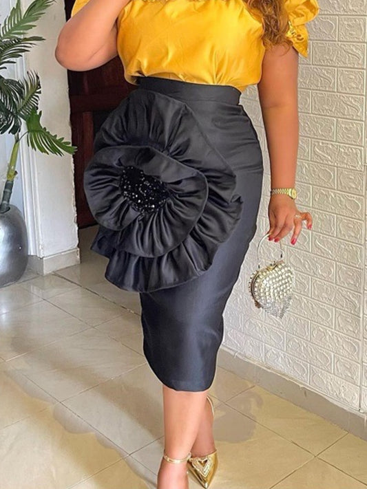 Stylish Black Skirt with Big Flower