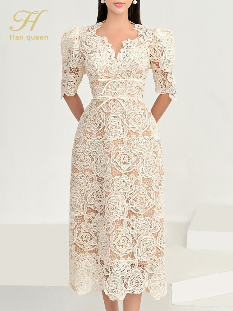 Slim Midi Hollow Out Lace Dress