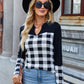 Plaid Notched Long Sleeve T-Shirt