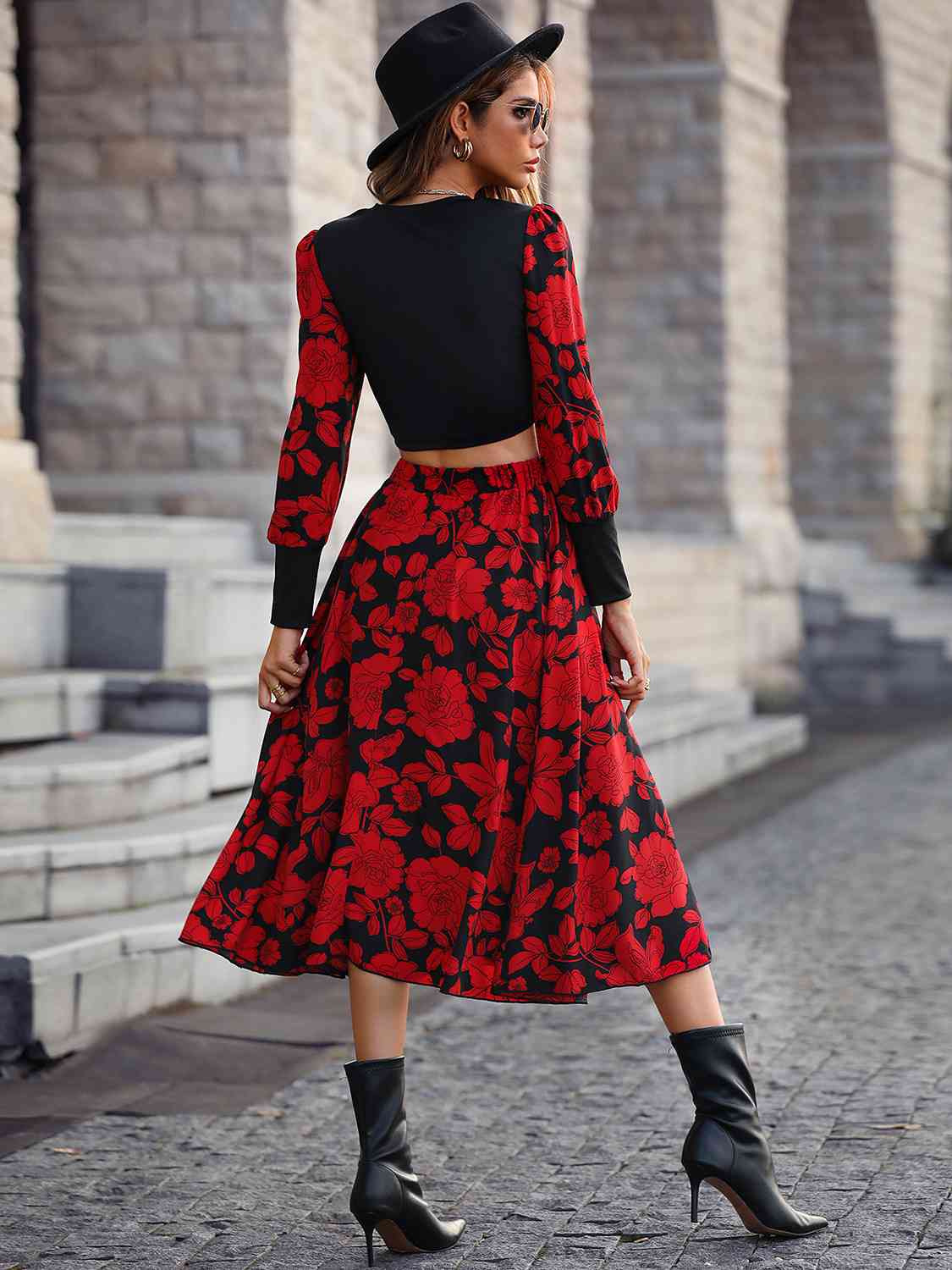 Round Neck Lantern Sleeve Floral Print Top and Skirt Set