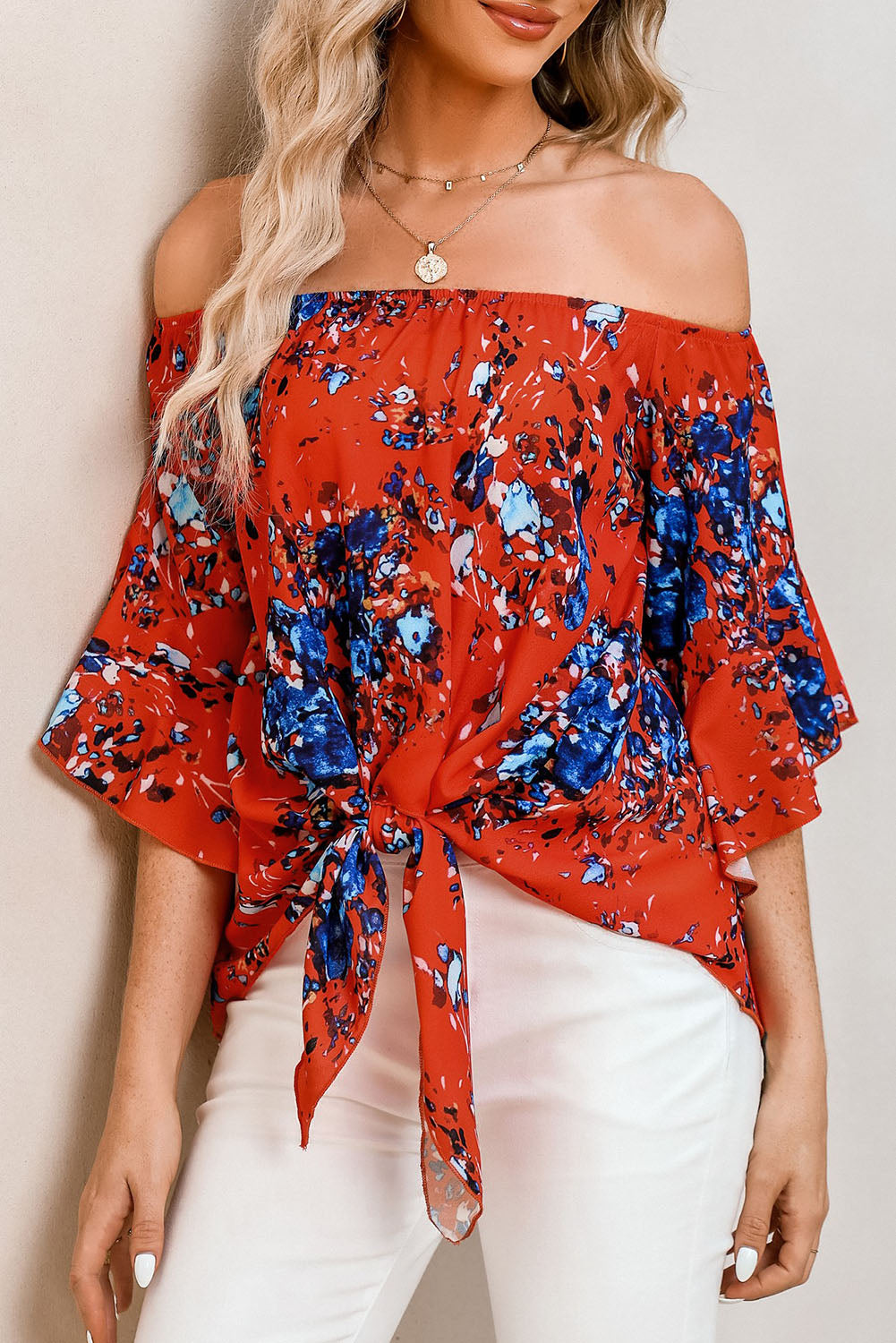 Tied Printed Off-Shoulder Half Sleeve Blouse